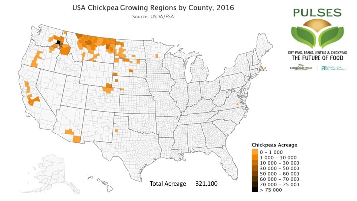 Map showing USA Chickpea Growing Regions by County, 2016; Most growing occurs in Montana, south-east Washington and north-east Idaho, with small areas in North Dakota and South Dakota, as well as parts or Oregon, California and Arizona and other small parts of the country. Total Acreage: 321,100