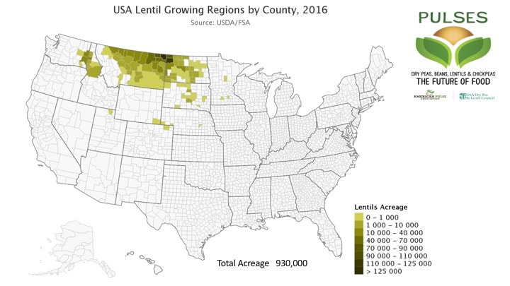 Map showing USA Lentil Growing Regions by County, 2016; covering nearly all Montana, most of North Dakota, south-east Washington and north-east Idaho, as well as other small parts of the mid-west. Total Acreage: 930,000