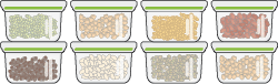 A collection of small sealable containers full of cooked pulses