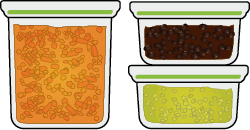 Three sealable containers with soups, chilis and curries